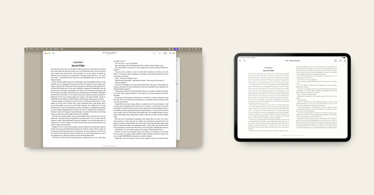 Alcove's reader on a Mac and an iPad, both open at the same page of 2001: A Space Odyssey.