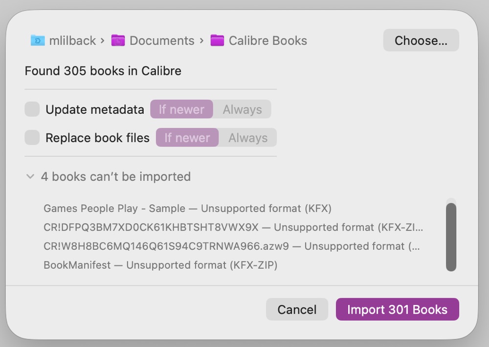 The import sheet before, with a stray scroller and truncated failure reasons