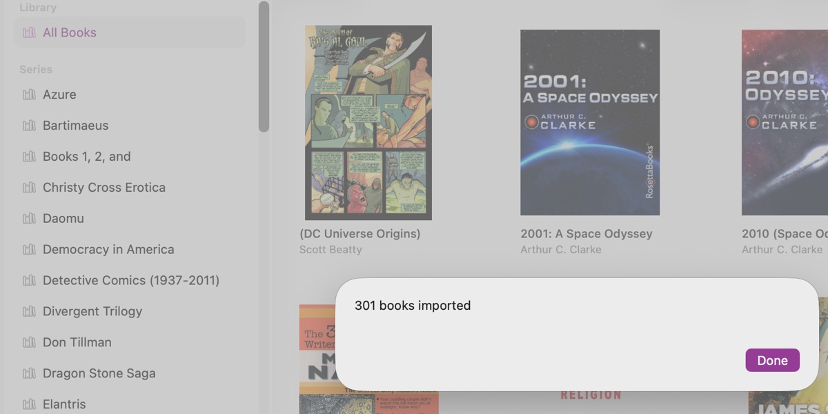 The finished import, reading 301 books imported, with one Done button